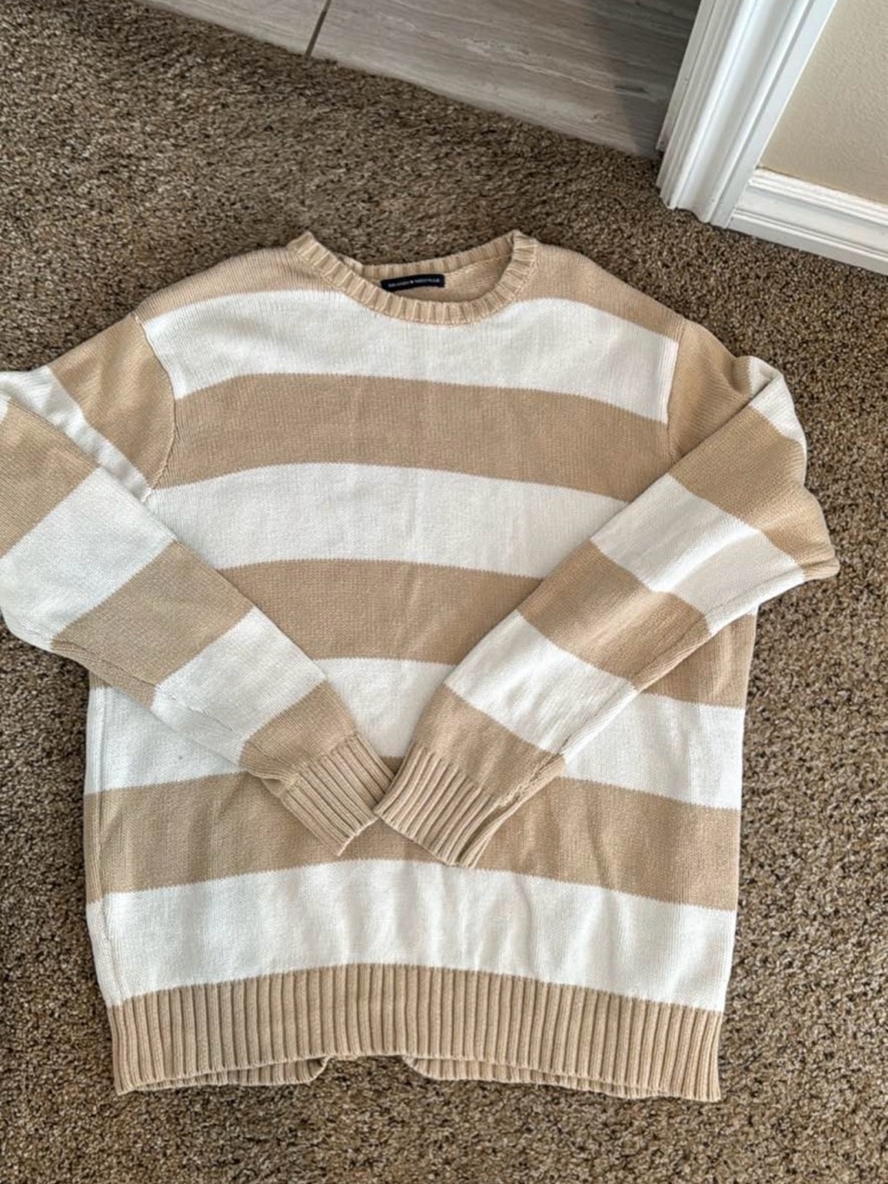 Brandy Melville Beige and White Striped Crewneck Sweater